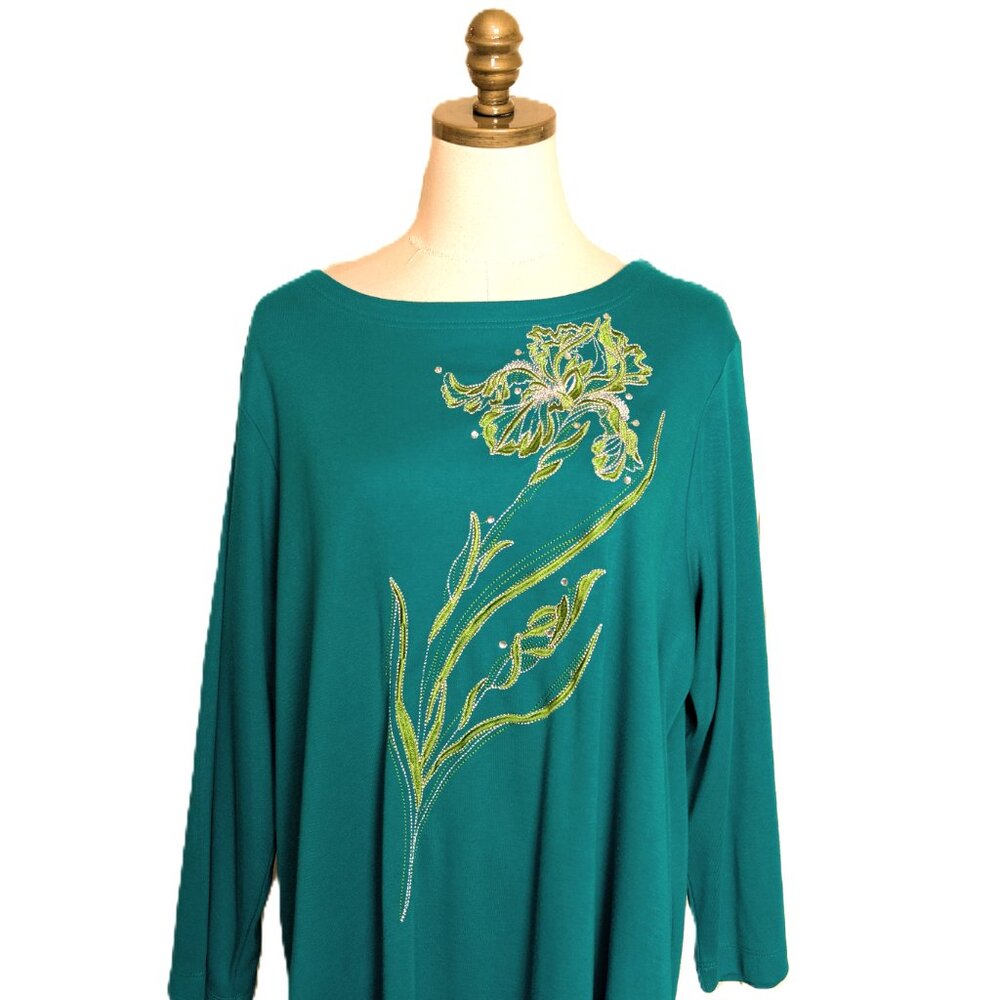 Bob Mackie Wearable Art Floral Embroidered Tunic Top Plus Size 2X Green
